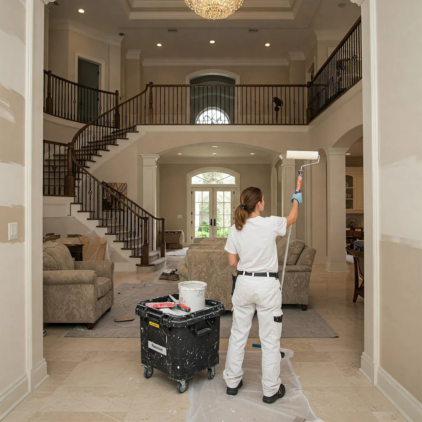 Painter rolling the ceiling of a two-story foyer from the floor with an extension pole, curved staircase and chandelier behind and the furniture covered