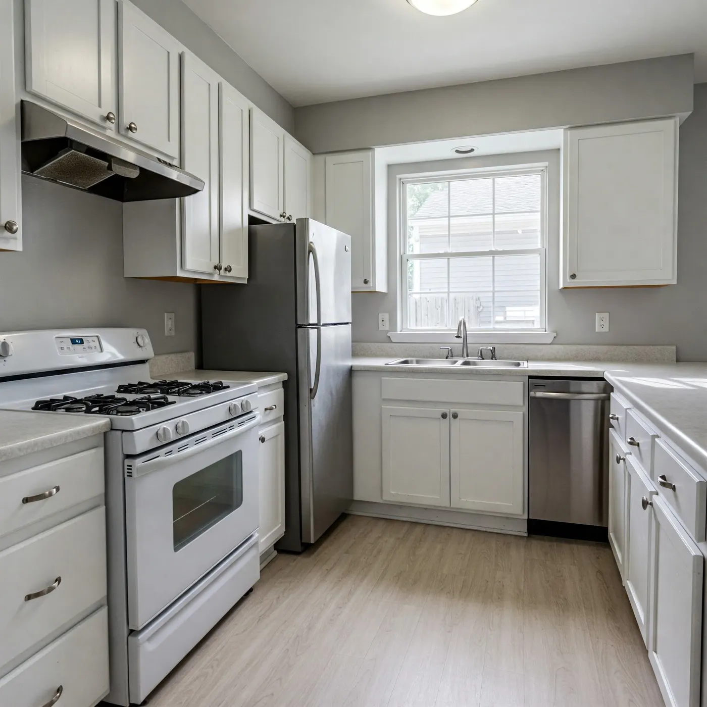 Kitchen with white painted cabinets and gray walls around a white gas range, stainless refrigerator and dishwasher