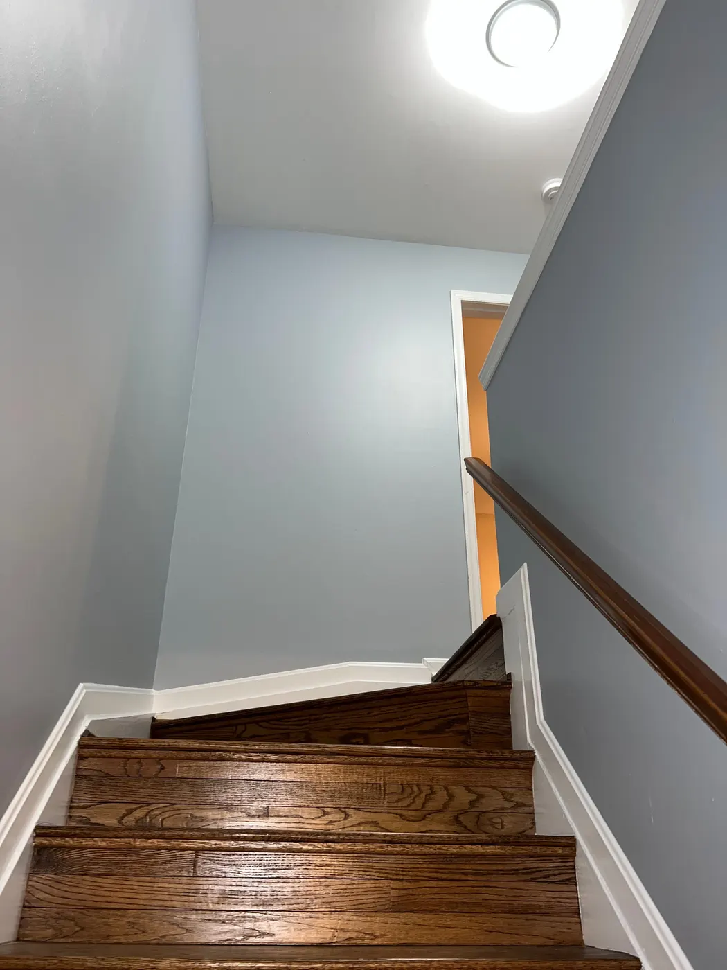 Stairwell walls painted pale blue above stained wood stairs and a wood handrail, white baseboards